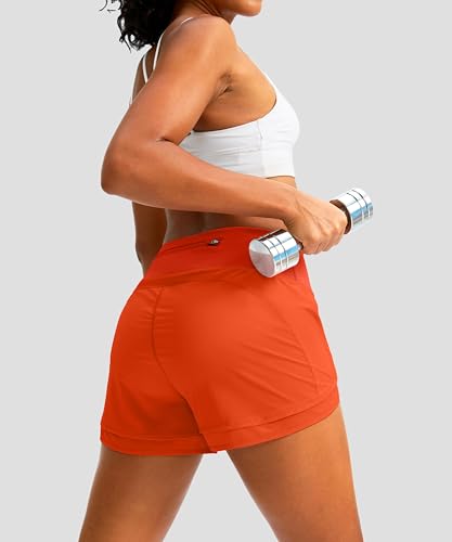 Soothfeel شورتات جري نسائية عالية الخصر سريعة الجفاف 3 إنش للتمارين الرياضية مع جيب بسحاب (برتقالي، S) - Image 3
