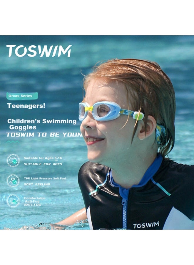 Toswim Kids Swimming Goggles Hd Anti-fog Waterproof Large Frame Professional Comfortable Training Swim Gl Lemon Blue Shark - Image 1