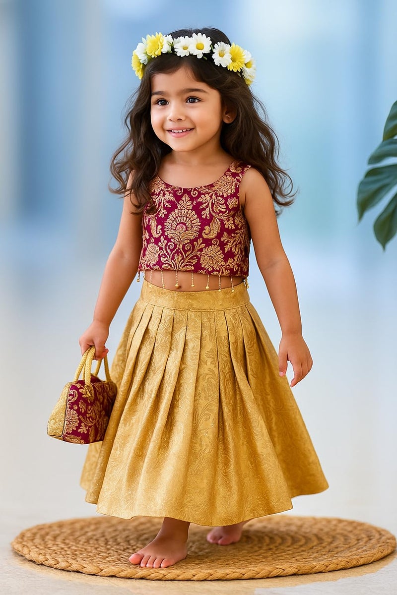 Naixa Girl's Cotton Fabric Gold/Dark Pink Color Floral Print Lehenga Choli with Sleeveless and Drawstring Closure Type| Ready to Wear Lehenga Choli Set for Kids - Image 2