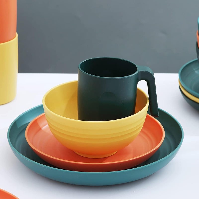 Kyraton Plastic Dinnerware Set of 16 Pieces, Unbreakable And Reusable Light Weight Plates Mugs Bowls Dishes Easy to Carry And Clean Microwave Safe BPA Free Dishwasher Safe Service For 4 (Mutil Color) - Image 4
