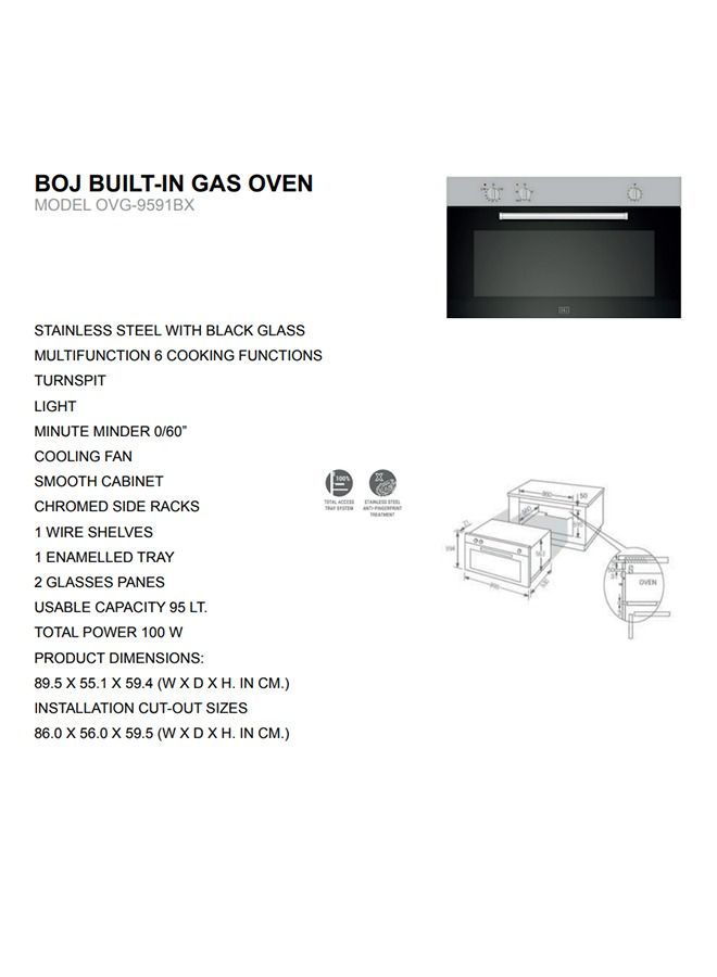 بوج فرن غاز مدمج 90 سم من BOJ OVG 9591BX من الفولاذ المقاوم للصدأ مع زجاج أسود متعدد الوظائف طباخ غاز مع 6 وظائف طهي طباخ غاز البترول المسال عالي الجودة صنع في إيطاليا  - Image 4