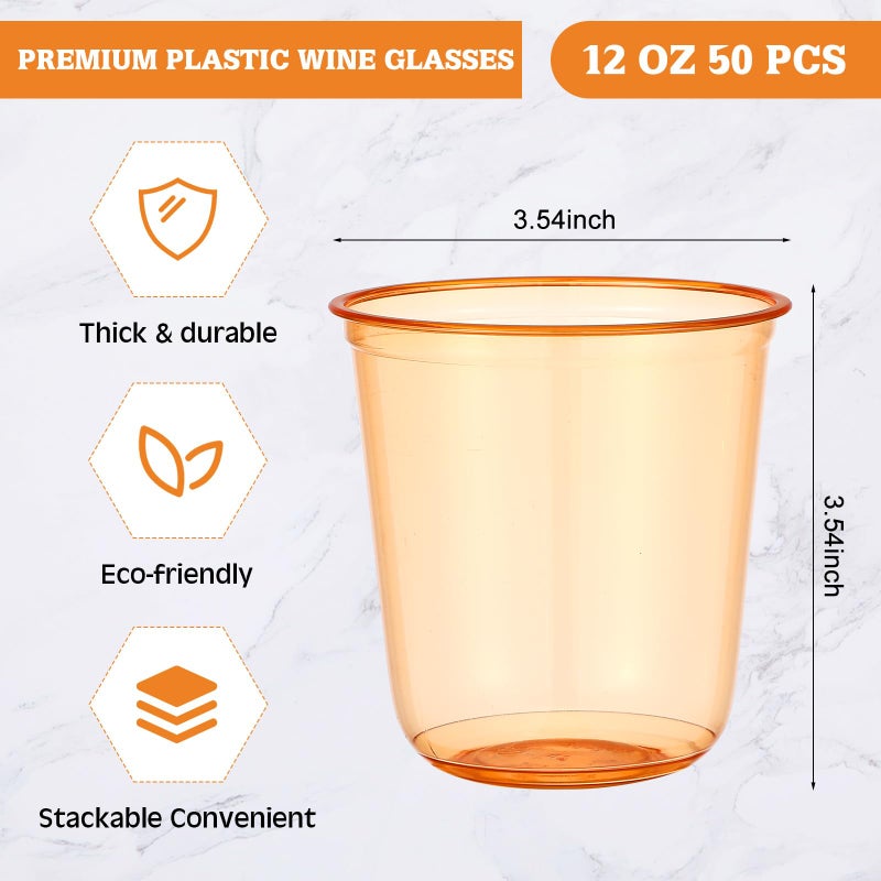 Ziliny 50pcs Disposable Stemless Glasses 12oz Crystal Plastic Wine Glasses Clear Classic Pet Cup for Meeting Weddings Birthdays Cocktail Christmas Party Supplies (Orange) - Image 2