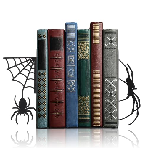 Geelin Creepy Spider Metal Bookends Set of 2 Styles Gothic Black Spider and Web Book Ends for Shelves Scary Home Office Desk Bookshelf Decor Gift for Book Lovers Reading Enthusiasts - Image 1