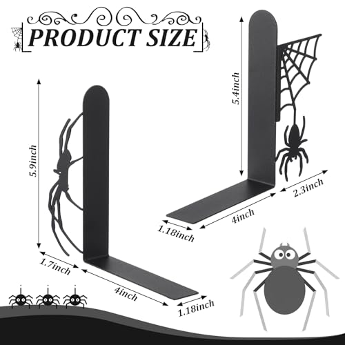 Geelin Creepy Spider Metal Bookends Set of 2 Styles Gothic Black Spider and Web Book Ends for Shelves Scary Home Office Desk Bookshelf Decor Gift for Book Lovers Reading Enthusiasts - Image 3