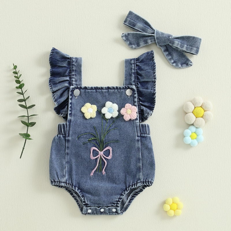 Douhoow Baby Girl Denim Romper Ruffle Flowers Embroidery Baby Girl Romper with Headband Infant Girl Summer Clothes (Sky Blue, 0-3 Months) - Image 2