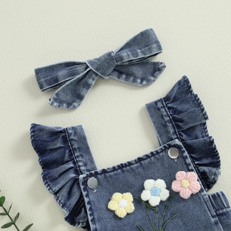 Douhoow Baby Girl Denim Romper Ruffle Flowers Embroidery Baby Girl Romper with Headband Infant Girl Summer Clothes (Sky Blue, 0-3 Months) - Image 5