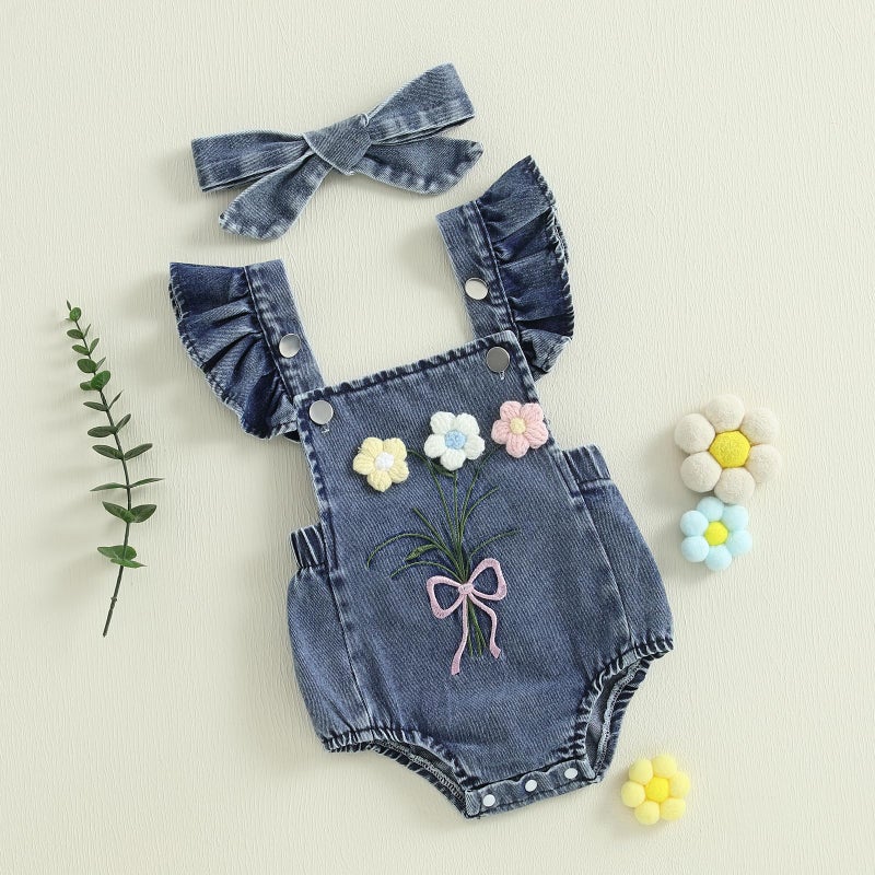 Douhoow Baby Girl Denim Romper Ruffle Flowers Embroidery Baby Girl Romper with Headband Infant Girl Summer Clothes (Sky Blue, 0-3 Months) - Image 3