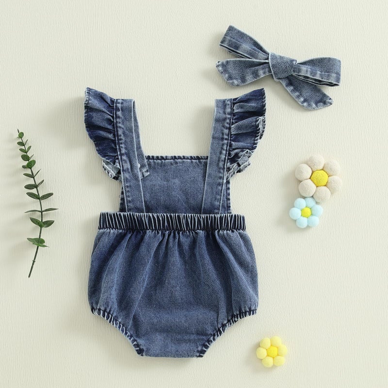 Douhoow Baby Girl Denim Romper Ruffle Flowers Embroidery Baby Girl Romper with Headband Infant Girl Summer Clothes (Sky Blue, 0-3 Months) - Image 4