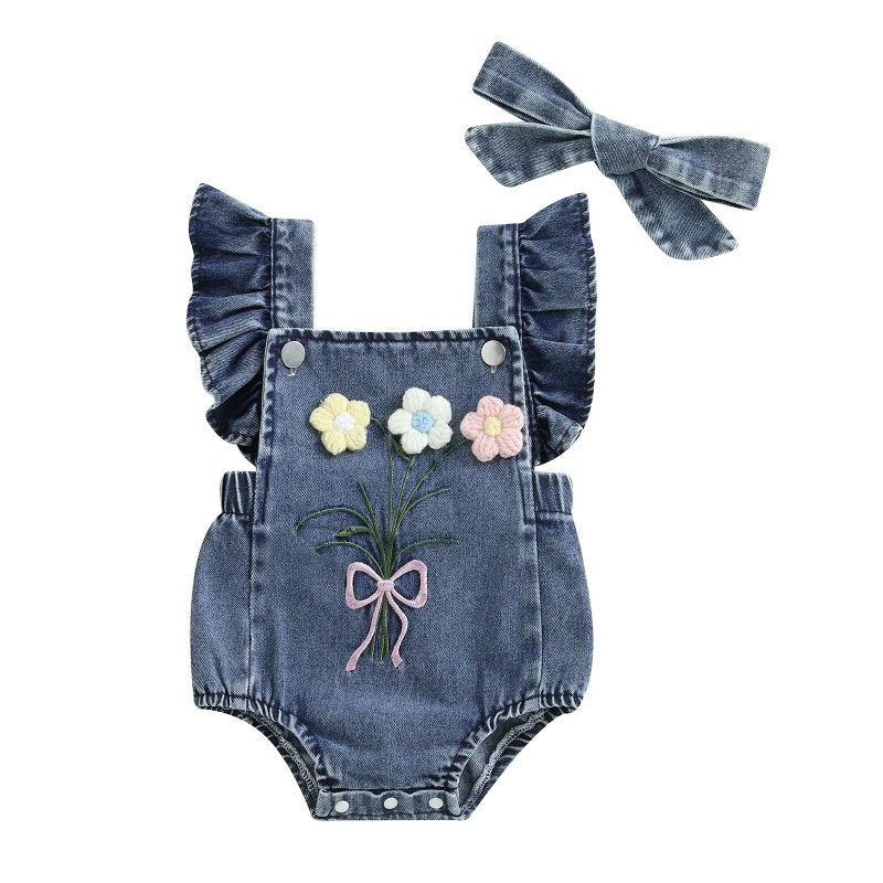 Douhoow Baby Girl Denim Romper Ruffle Flowers Embroidery Baby Girl Romper with Headband Infant Girl Summer Clothes (Sky Blue, 0-3 Months) - Image 1