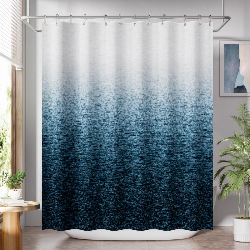 AmazerBath Shower Curtain Blue, Washable Cloth Ombre Shower Curtain Sets with 12 Metal Shower Curtain Hooks, Rustic Waterproof Dark Sea Blue Farmhouse Shower Curtains for Bathroom Decor, 72x72 Inches - Image 1