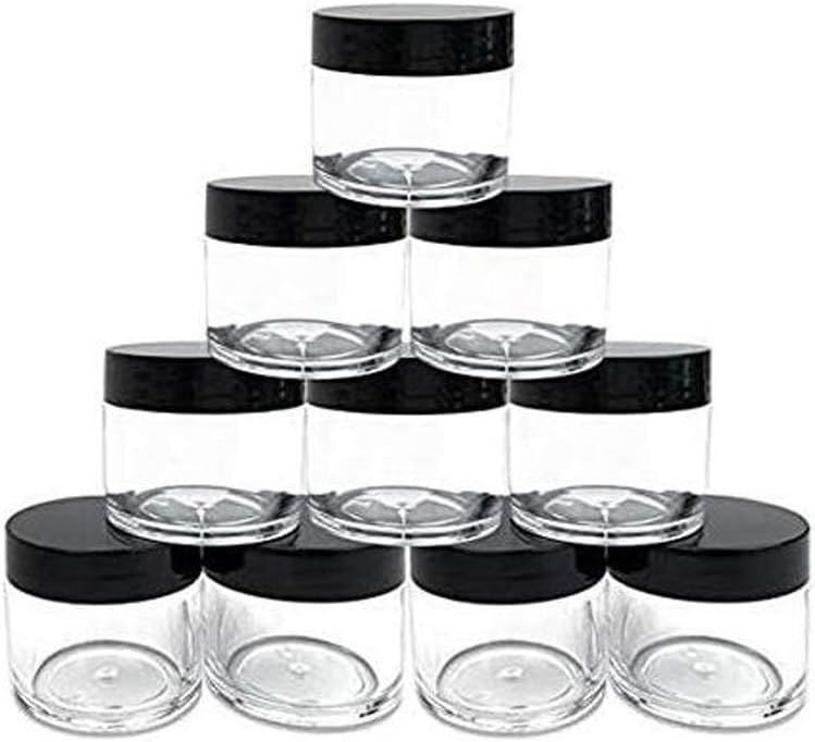 30g 30ml/1oz Refillable Black and White Plastic Screw Cap Lid with Clear Base Empty Cosmetic Jars for Nail Powder Bottles Eye Shadow Container Lot Powder Storage Container (Pack of 10) (Black Lid)