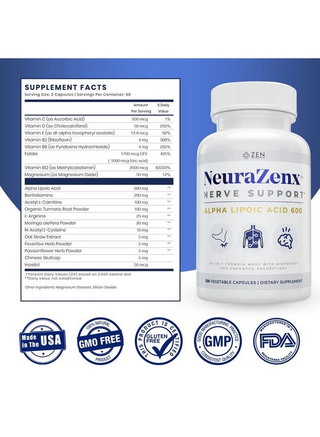 Zen Nutrients Neurazenx - Alpha Lipoic Acid 600mg, Benfotiamine, L-Carnitine & Turmeric - Image 2
