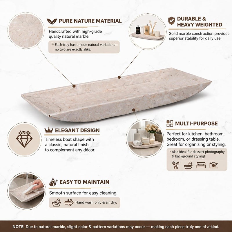 Creative Home Natural Champagne Marble Boat Shaped Vanity Tray, Organize Tray - Image 2
