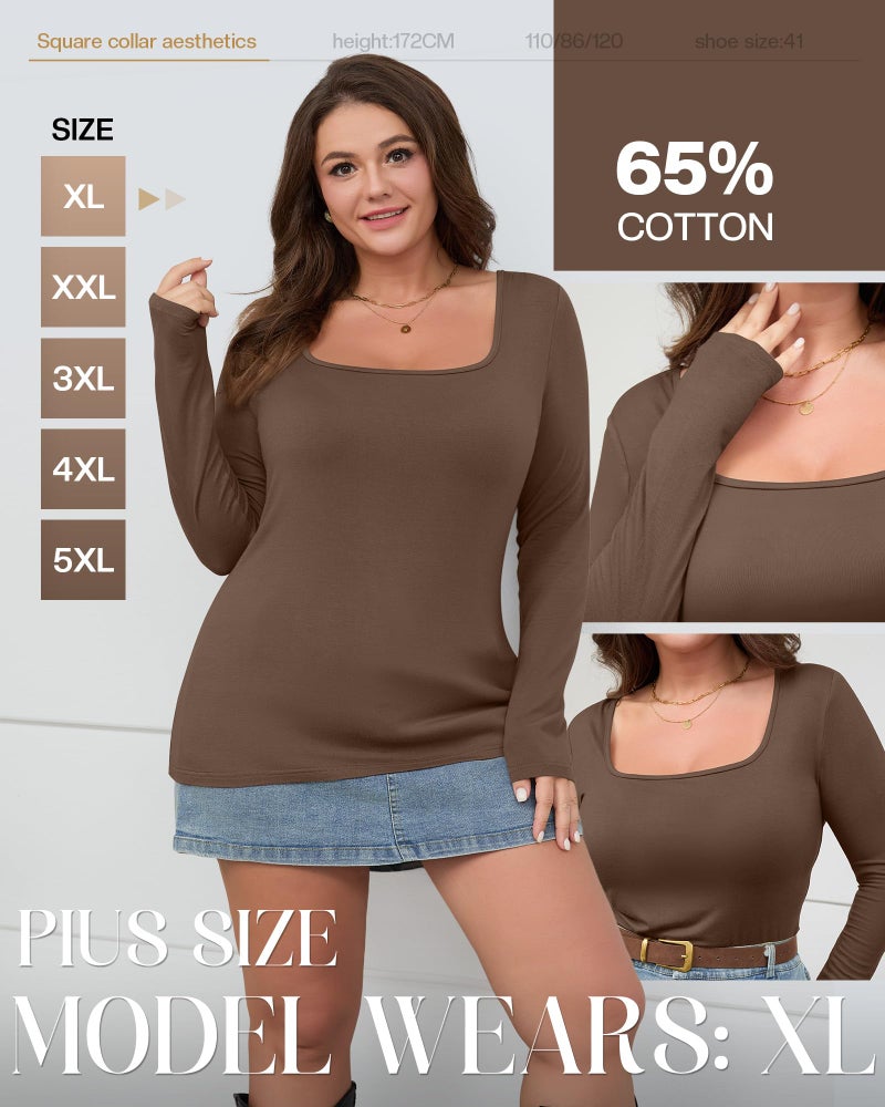 Evervibe 3 Pack Women's Plus Size Tops Square Neck Long Sleeve Shirts Slim Fit Casual Stretchy Fall Basic Tee(Black, Army Green, Coffee,3X-Large) - Image 4