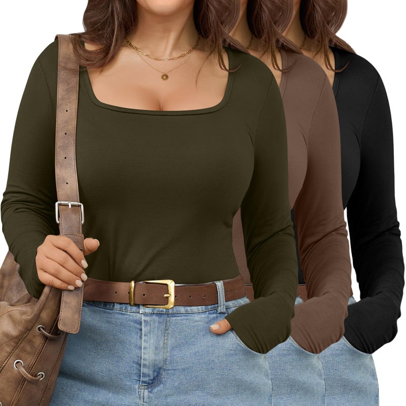 Evervibe 3 Pack Women's Plus Size Tops Square Neck Long Sleeve Shirts Slim Fit Casual Stretchy Fall Basic Tee(Black, Army Green, Coffee,3X-Large) - Image 1
