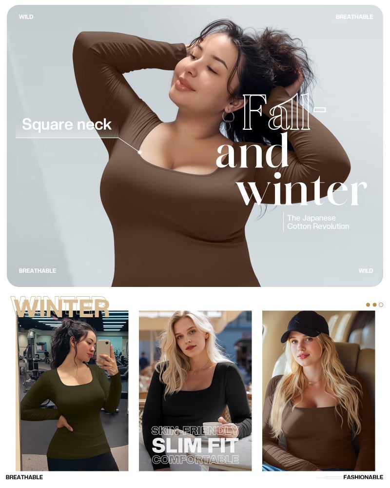 Evervibe 3 Pack Women's Plus Size Tops Square Neck Long Sleeve Shirts Slim Fit Casual Stretchy Fall Basic Tee(Black, Army Green, Coffee,3X-Large) - Image 2