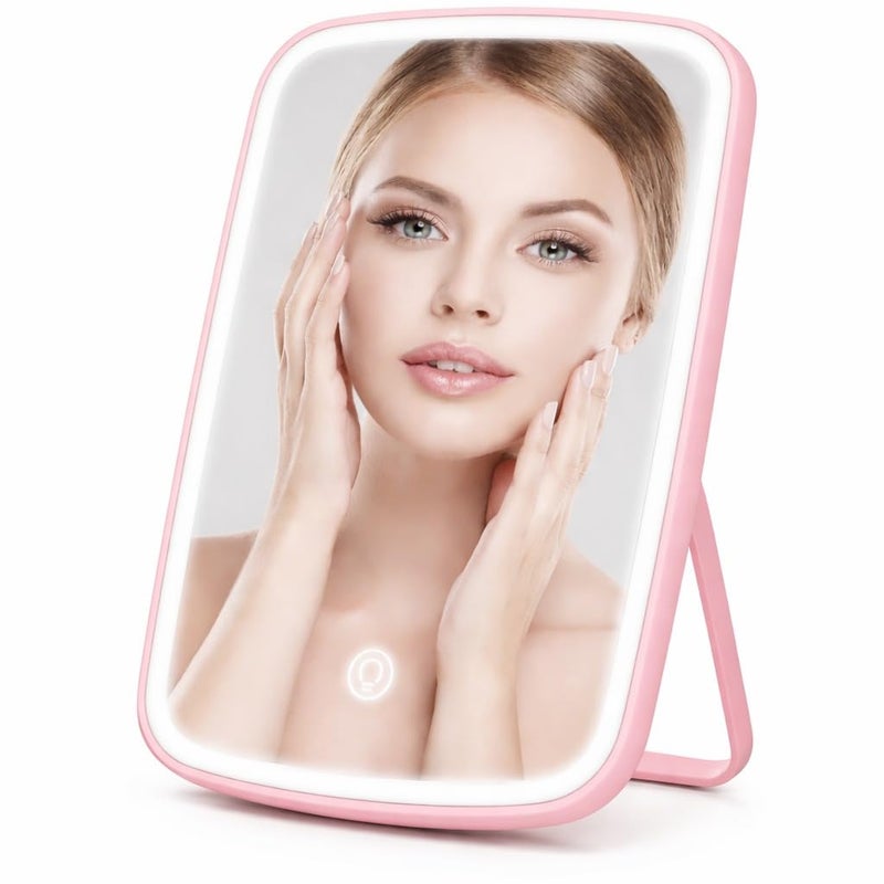 Cosmetic Mirror with 3 Light Modes, Touch Sensor Desktop Vanity Mirror, Adjustable Angle Tabletop Makeup Mirror, Portable Travel Beauty Mirror, X-343 (Pink)
