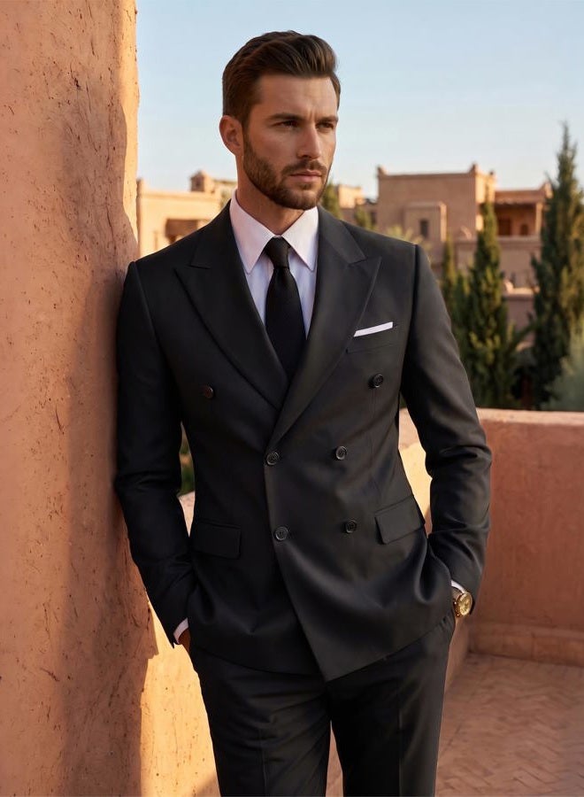 YND Men's Slim Fit 2 Piece Suit, Double Breasted Solid Jacket Pants Set with Tie, Black, M - Image 2