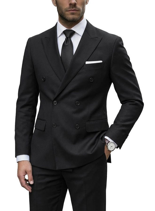 YND Men's Slim Fit 2 Piece Suit, Double Breasted Solid Jacket Pants Set with Tie, Black, M - Image 1