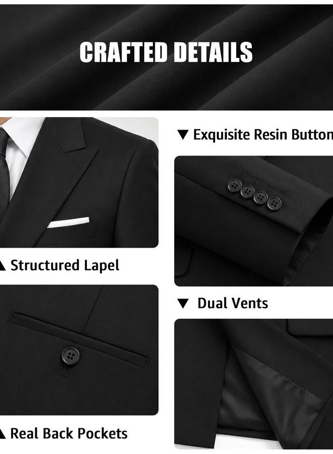 YND Men's Slim Fit 2 Piece Suit, Double Breasted Solid Jacket Pants Set with Tie, Black, M - Image 4
