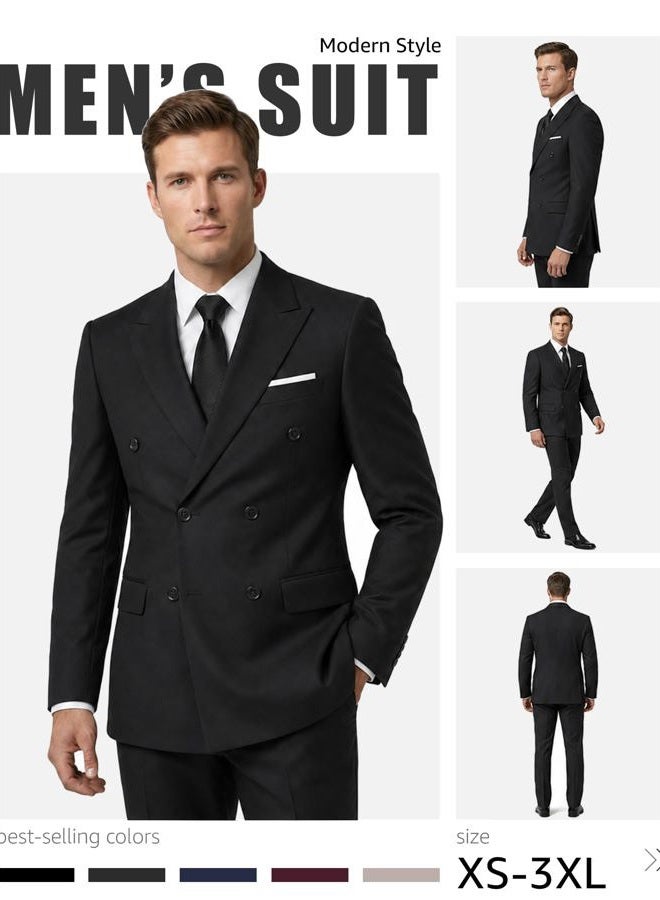 YND Men's Slim Fit 2 Piece Suit, Double Breasted Solid Jacket Pants Set with Tie, Black, M - Image 3