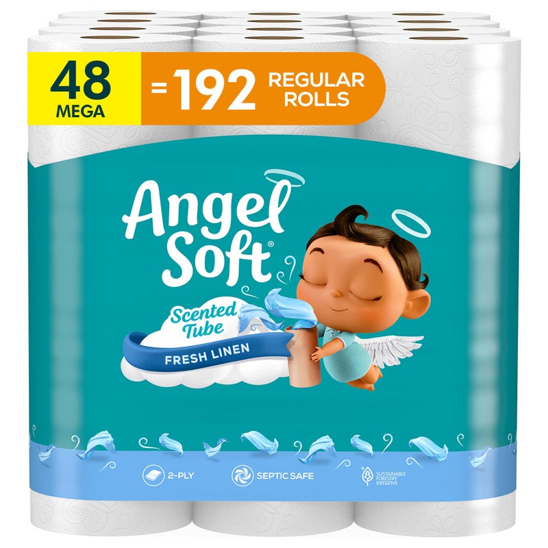 Angel Soft Toilet Paper with Fresh Linen Scented Tube, 48 Mega Rolls = 192 Regular Rolls, Soft and Strong Toilet Tissue - Image 1
