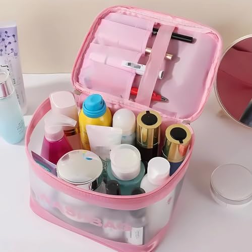 Gowloz Transparent and PU Waterproof Cosmetic Wash Bag (Pink, Square Shape) – Travel Toiletry Organizer Pouch with Zipper & Handle for Makeup & Skincare (21.5W x 15B x 16H cm, Pack of 1) - Image 3