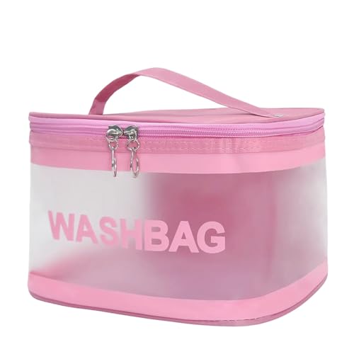 Gowloz Transparent and PU Waterproof Cosmetic Wash Bag (Pink, Square Shape) – Travel Toiletry Organizer Pouch with Zipper & Handle for Makeup & Skincare (21.5W x 15B x 16H cm, Pack of 1) - Image 2
