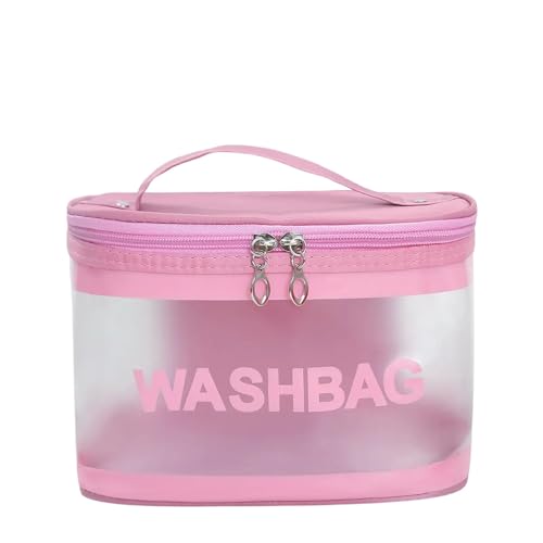 Gowloz Transparent and PU Waterproof Cosmetic Wash Bag (Pink, Square Shape) – Travel Toiletry Organizer Pouch with Zipper & Handle for Makeup & Skincare (21.5W x 15B x 16H cm, Pack of 1) - Image 1