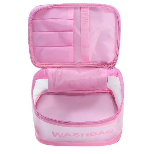 Gowloz Transparent and PU Waterproof Cosmetic Wash Bag (Pink, Square Shape) – Travel Toiletry Organizer Pouch with Zipper & Handle for Makeup & Skincare (21.5W x 15B x 16H cm, Pack of 1) - Image 4