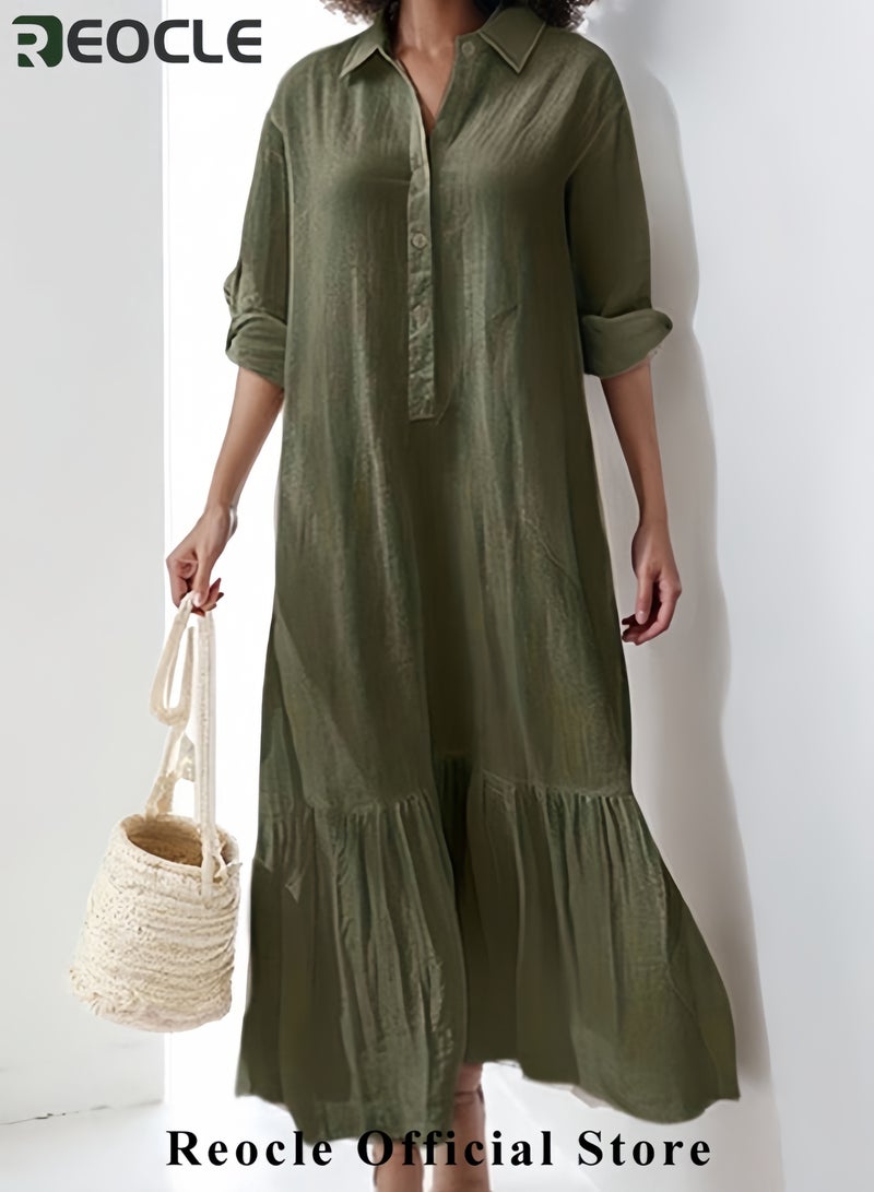 REOCLE Women Button Down Dress Casual Long Sleeve Cotton Linen Dress Flowy Ruffle Shirt Dresses Loose and Comfortable Long Dress - Image 3