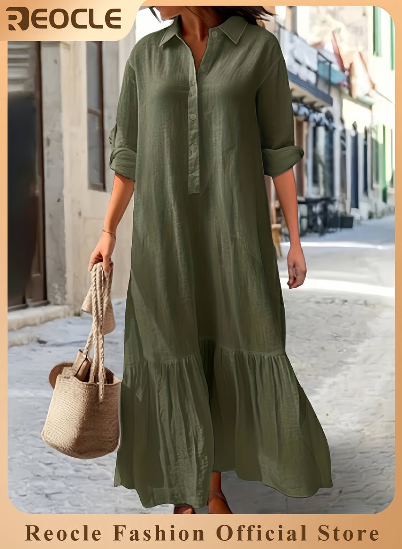 REOCLE Women Button Down Dress Casual Long Sleeve Cotton Linen Dress Flowy Ruffle Shirt Dresses Loose and Comfortable Long Dress - Image 1