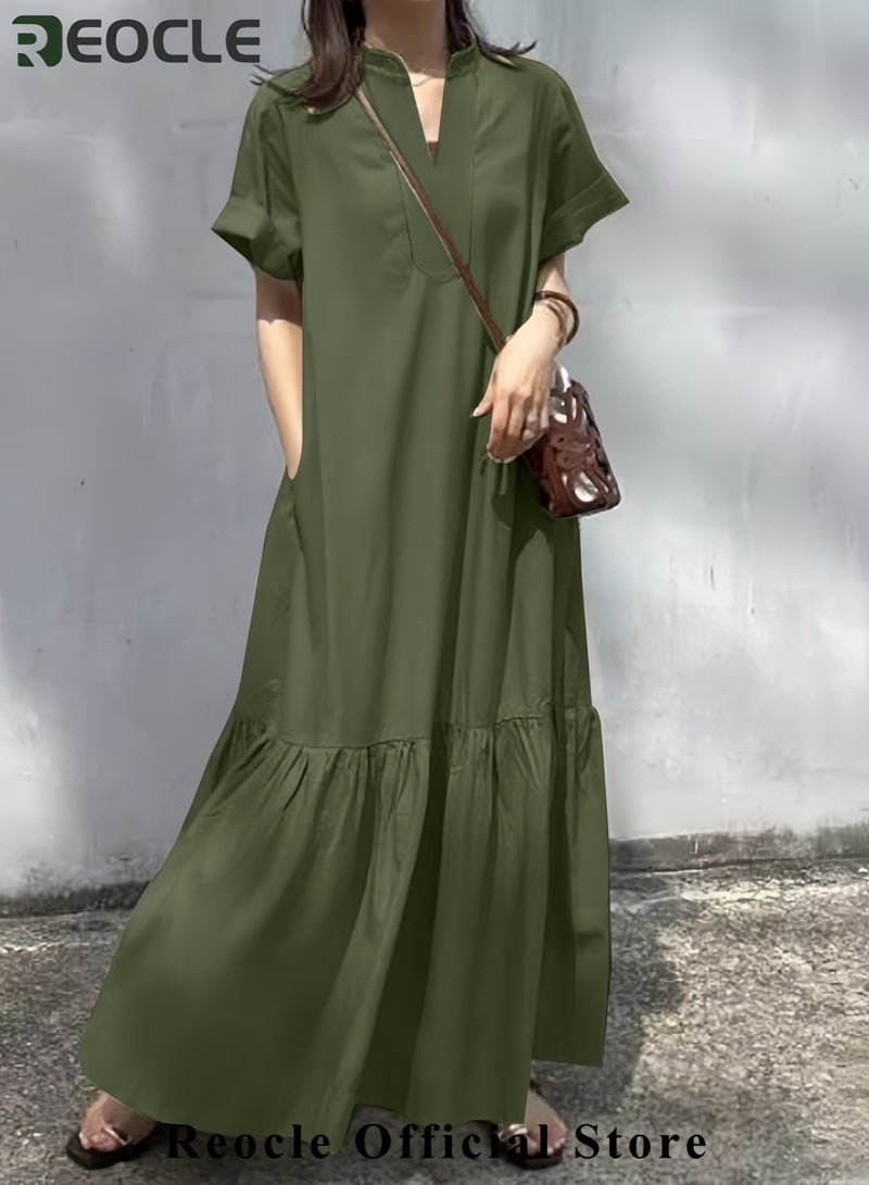 REOCLE Women Button Down Dress Casual Long Sleeve Cotton Linen Dress Flowy Ruffle Shirt Dresses Loose and Comfortable Long Dress - Image 4