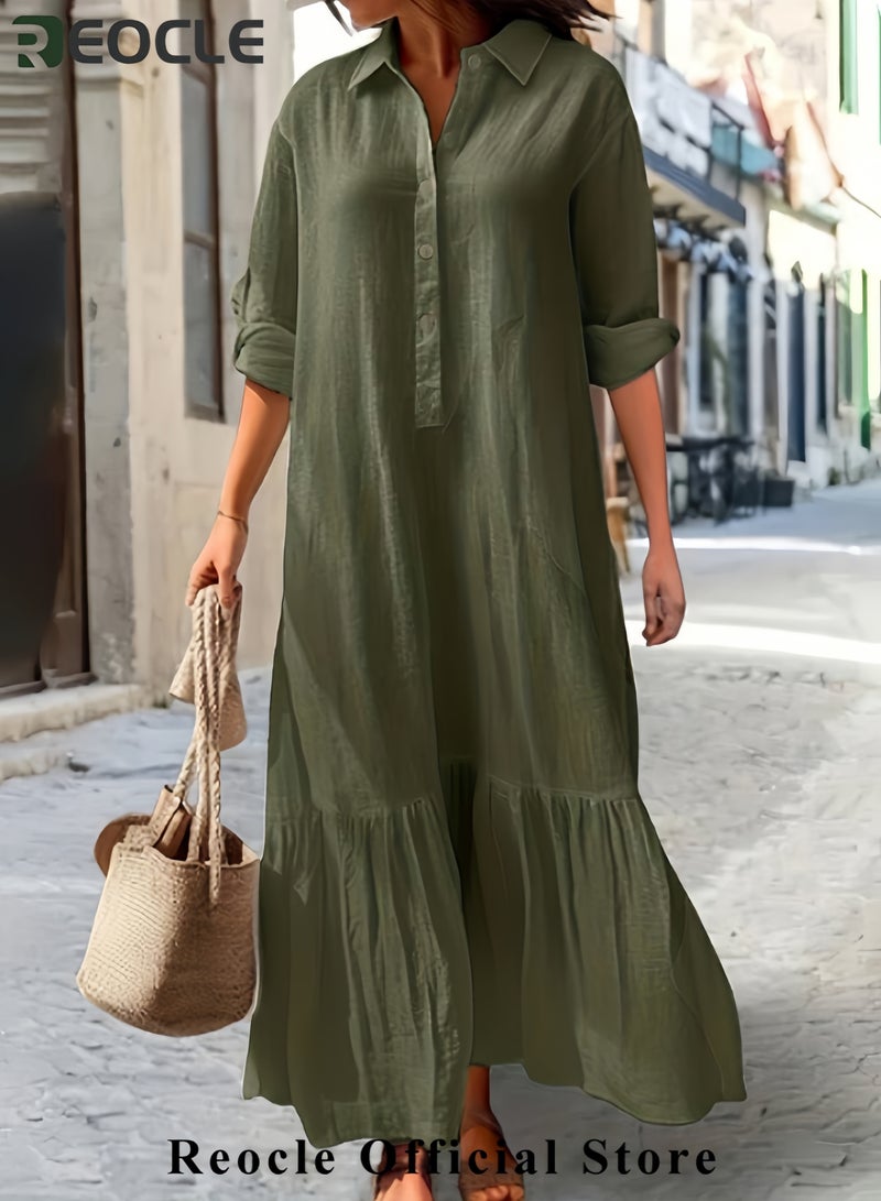 REOCLE Women Button Down Dress Casual Long Sleeve Cotton Linen Dress Flowy Ruffle Shirt Dresses Loose and Comfortable Long Dress - Image 2