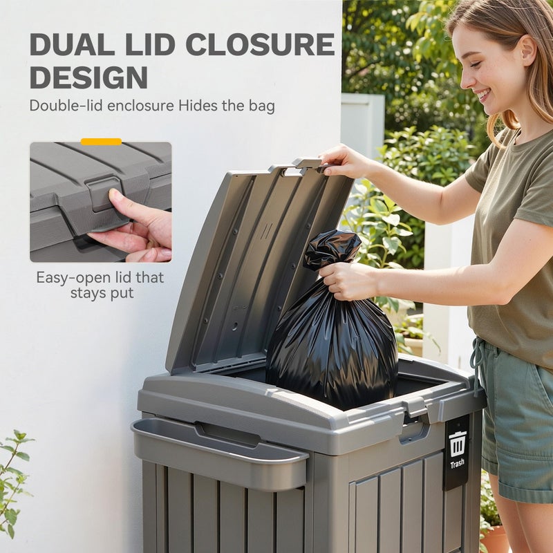 DWVO 38 Gallon Outdoor Trash Can, Resin Garbage Bin with Lid, Includes 2 Sorting Labels, Ash Holder, Stakes & Suction Cups, Hideaway Storage for Patio Backyard Garden, Light Brown - Image 5