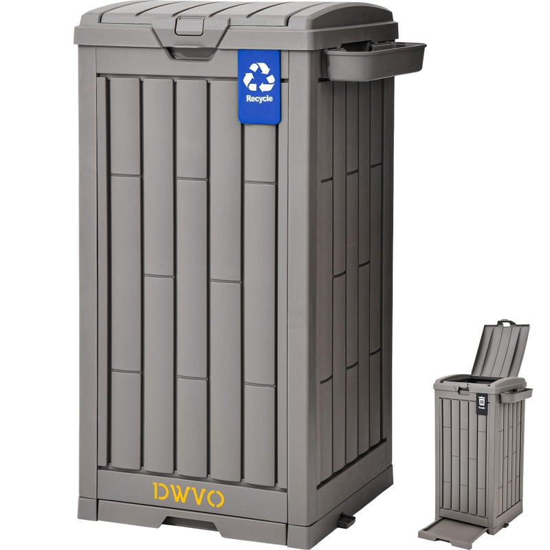 DWVO 38 Gallon Outdoor Trash Can, Resin Garbage Bin with Lid, Includes 2 Sorting Labels, Ash Holder, Stakes & Suction Cups, Hideaway Storage for Patio Backyard Garden, Light Brown - Image 1