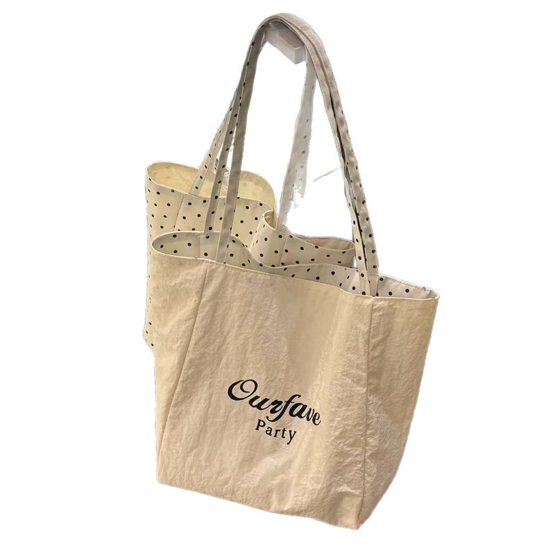 Canvas Tote Bag with Polka Dots - Beige, Large Capacity, Reversible - Image 5