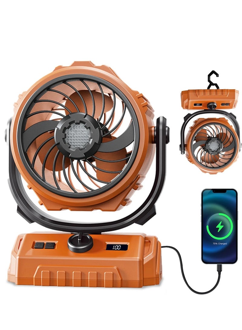 إكس فايف مروحة تخييم متنقلة X5 بسرعة 100 مستوى مع إضاءة LED وشاحن هاتف - بطارية 8000 مللي أمبير طويلة الأمد، رأس أوتوماتيكي يهتز 270 درجة، خطاف تعليق، شاشة رقمية، صامتة (36 ديسيبل) للخيام والسفر والمكتب - Image 1