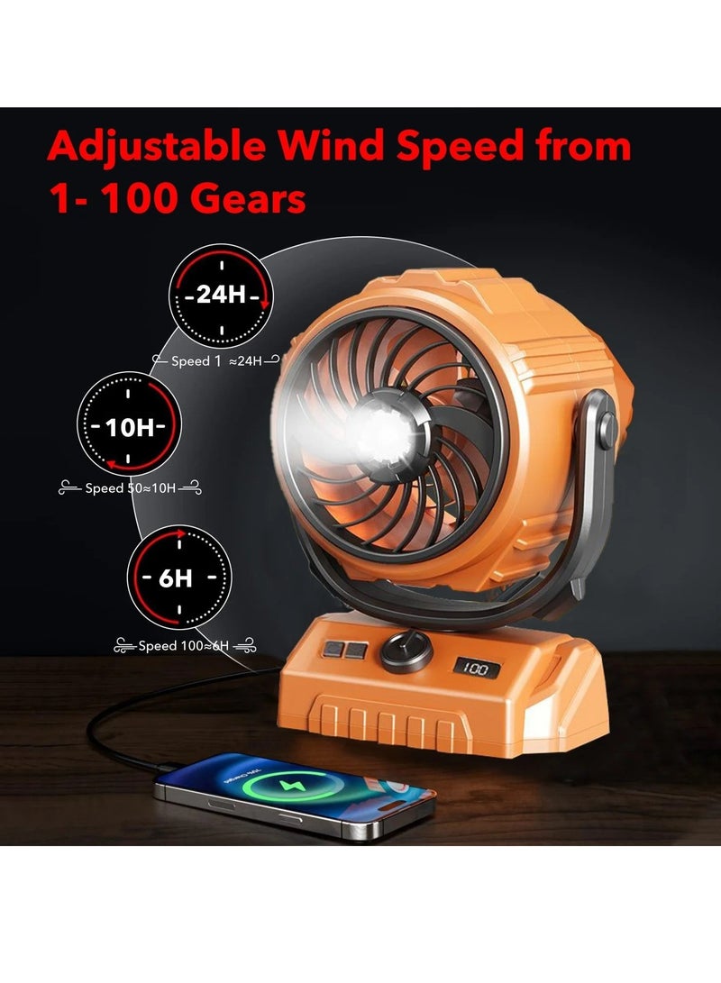 إكس فايف مروحة تخييم متنقلة X5 بسرعة 100 مستوى مع إضاءة LED وشاحن هاتف - بطارية 8000 مللي أمبير طويلة الأمد، رأس أوتوماتيكي يهتز 270 درجة، خطاف تعليق، شاشة رقمية، صامتة (36 ديسيبل) للخيام والسفر والمكتب - Image 5