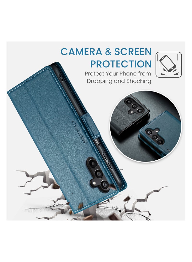 CaseMe Flip Wallet Case For Samsung Galaxy A15 4G/5G RFID Blocking PU Leather Wallet Flip Folio Case with Card Holder Kickstand Shockproof Phone Cover - Blue - Image 3