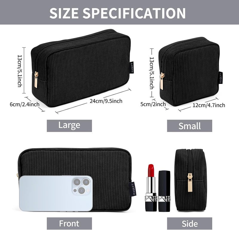 MAGEFY Small Makeup Bag for Purse Mini Cosmetics Bag Corduroy Cute Cosmetic Pouch for Women with Slip-in Pockets, Small+Large-Black-2pcs, Large, Small, Classic - Image 2
