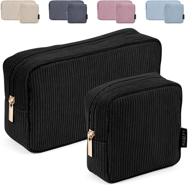 MAGEFY Small Makeup Bag for Purse Mini Cosmetics Bag Corduroy Cute Cosmetic Pouch for Women with Slip-in Pockets, Small+Large-Black-2pcs, Large, Small, Classic - Image 1