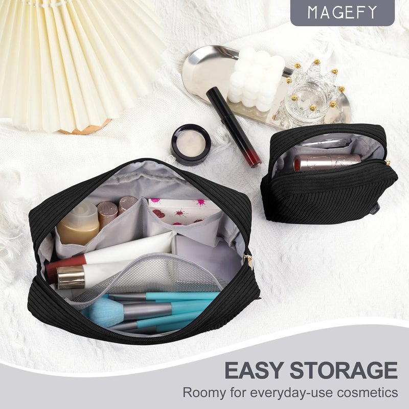 MAGEFY Small Makeup Bag for Purse Mini Cosmetics Bag Corduroy Cute Cosmetic Pouch for Women with Slip-in Pockets, Small+Large-Black-2pcs, Large, Small, Classic - Image 5