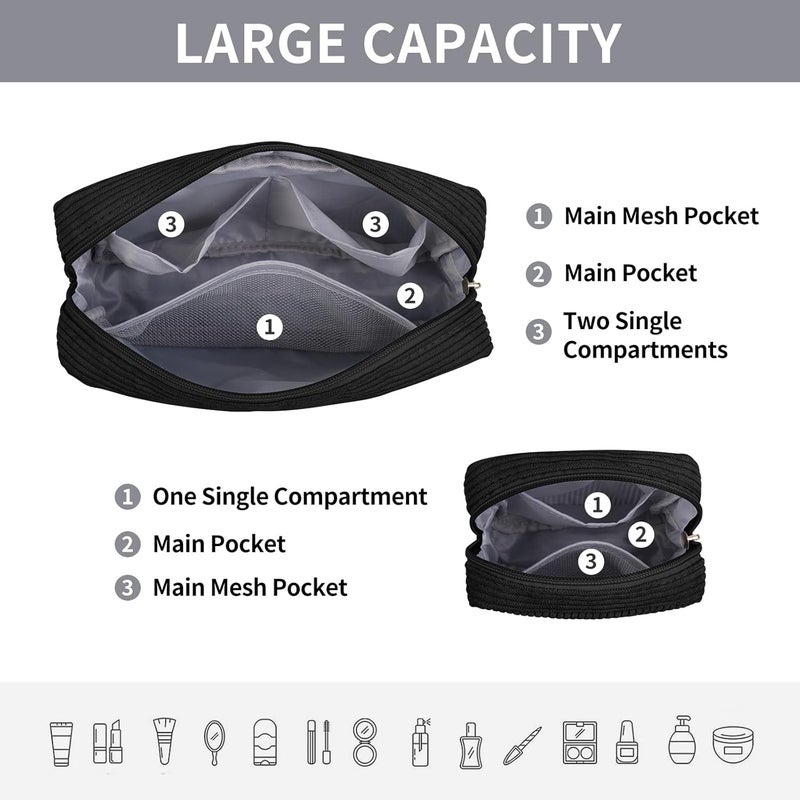MAGEFY Small Makeup Bag for Purse Mini Cosmetics Bag Corduroy Cute Cosmetic Pouch for Women with Slip-in Pockets, Small+Large-Black-2pcs, Large, Small, Classic - Image 4
