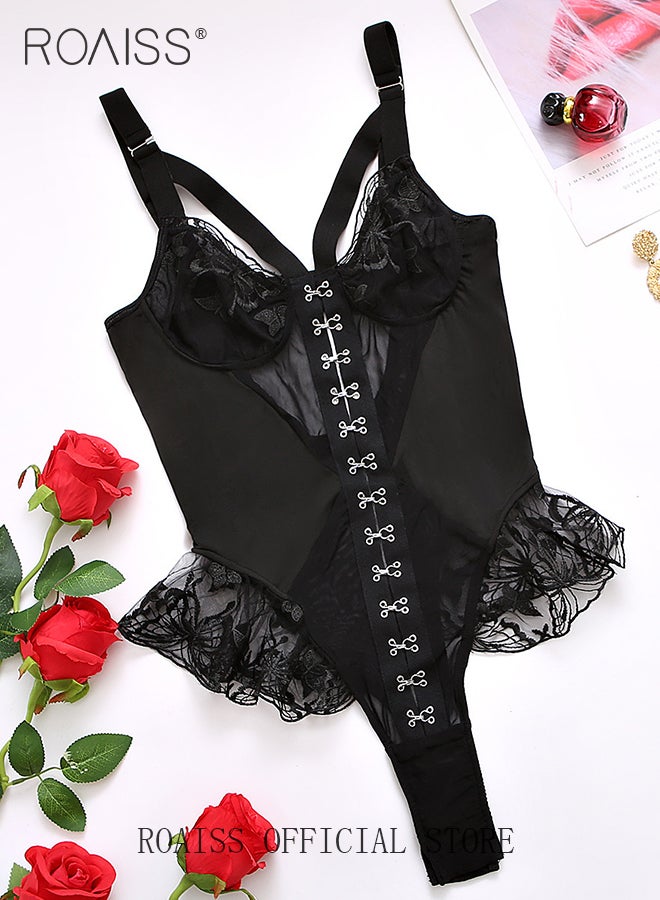 roaiss Lace One-Piece Underwear for Women Wide Shoulder Straps Bodysuit Tight Waist Outfit Home Pajamas Girl Button Front Outfits  - Image 1