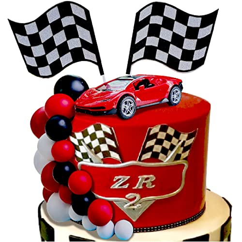 ChoJoy 30PCS Race Car Cake Toppers Checkered Flag Race Car Birthday Decoration with Red Black White Balls for Race Car Themed Birthday Party - Image 5