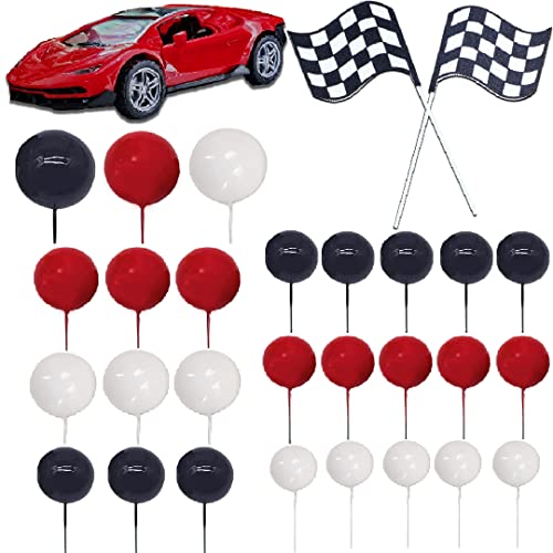 ChoJoy 30PCS Race Car Cake Toppers Checkered Flag Race Car Birthday Decoration with Red Black White Balls for Race Car Themed Birthday Party - Image 1