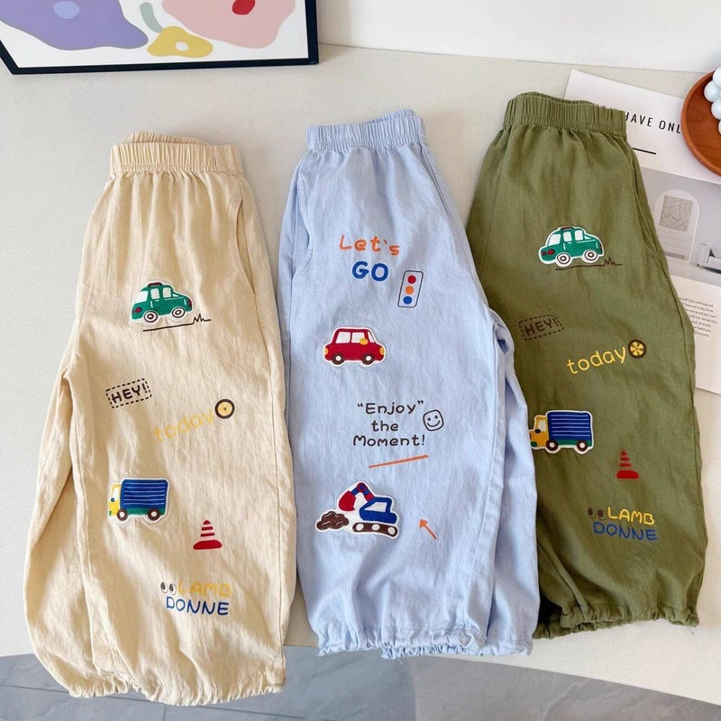 Kids Soft Anti-Mosquito Pants, Summer Car Print Casual Long Pants, Elastic Cuffed - Image 2