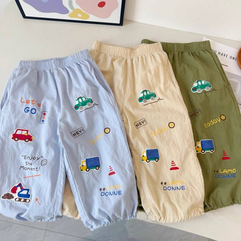 Kids Soft Anti-Mosquito Pants, Summer Car Print Casual Long Pants, Elastic Cuffed - Image 1
