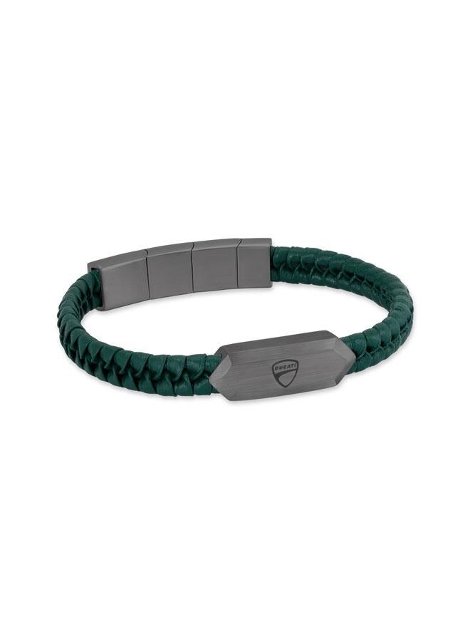 Ducati Leggenda Gunmetal Stainless Steel Green Braided Leather Bracelet for Men 180mm - Image 2